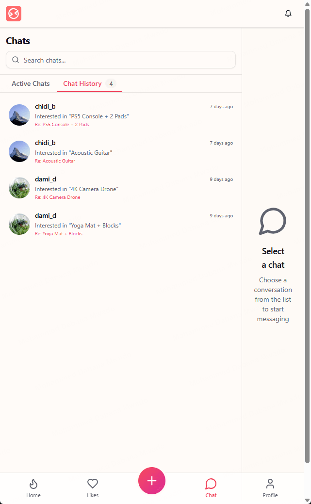Chats - active chats and chat history, organised by the item each conversation is about
