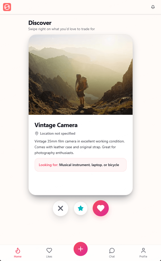 BettaBarter Discover - swipe right on what you'd love to trade for