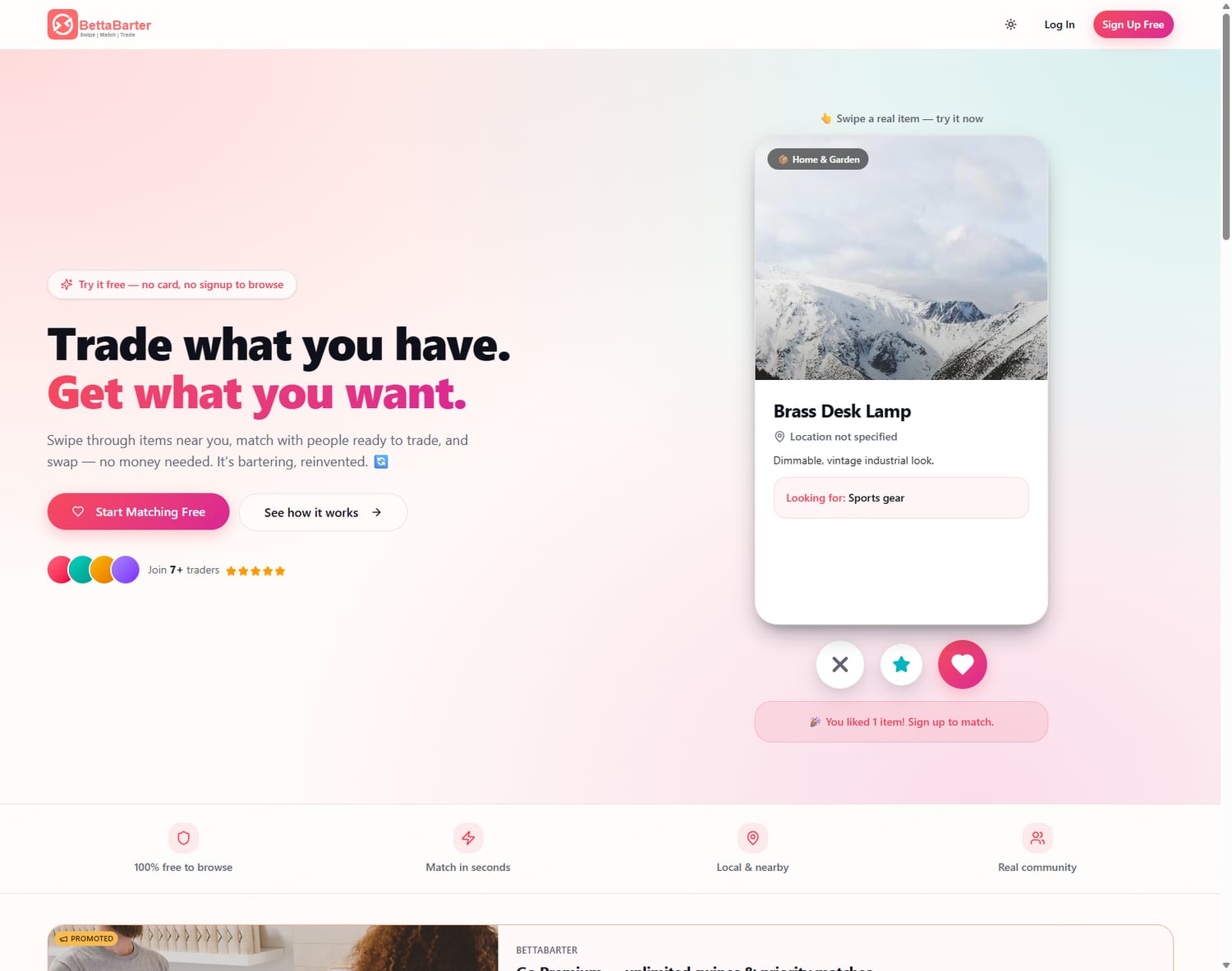 BettaBarter landing - Trade what you have. Get what you want. With a live swipe card you can try.
