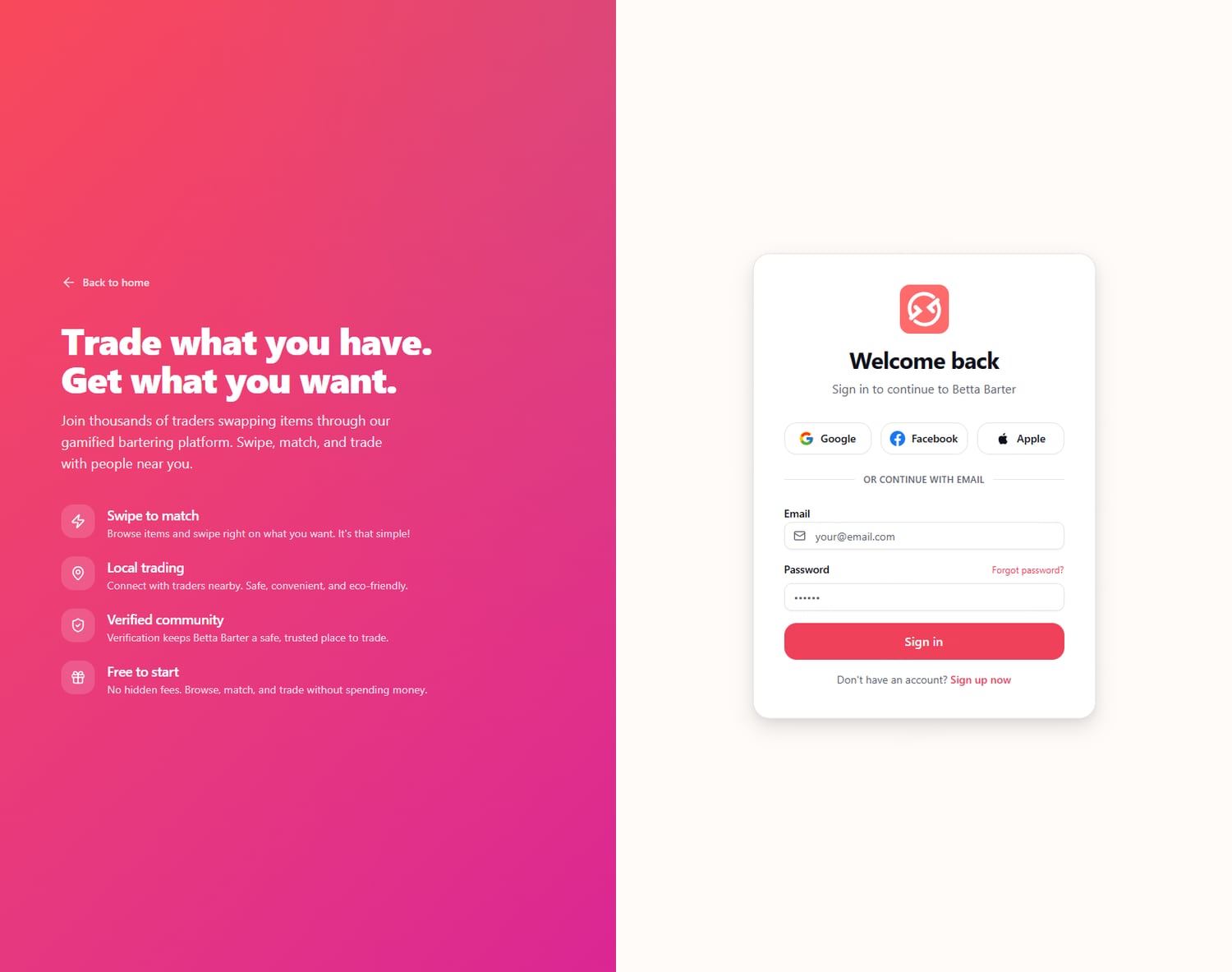 BettaBarter sign-in - Google, Facebook, Apple or email, beside the brand story