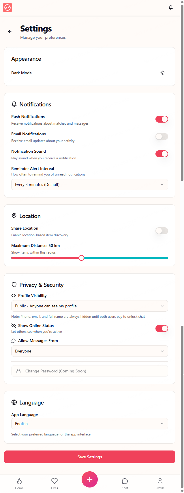 Settings - notifications, a location radius, and the privacy note that contact details stay hidden until both users pay to unlock chat
