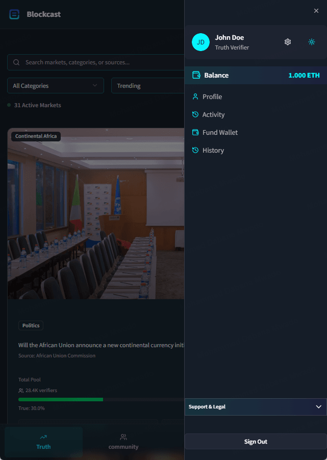 The account drawer - balance, profile, fund wallet and history for a Truth Verifier