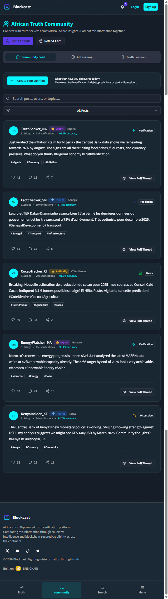 The African Truth Community feed - verifiers with reputation tiers, accuracy scores and post types