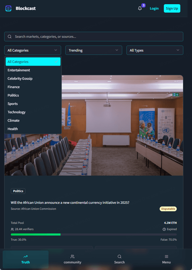 Blockcast mobile - the truth-markets feed with category filters