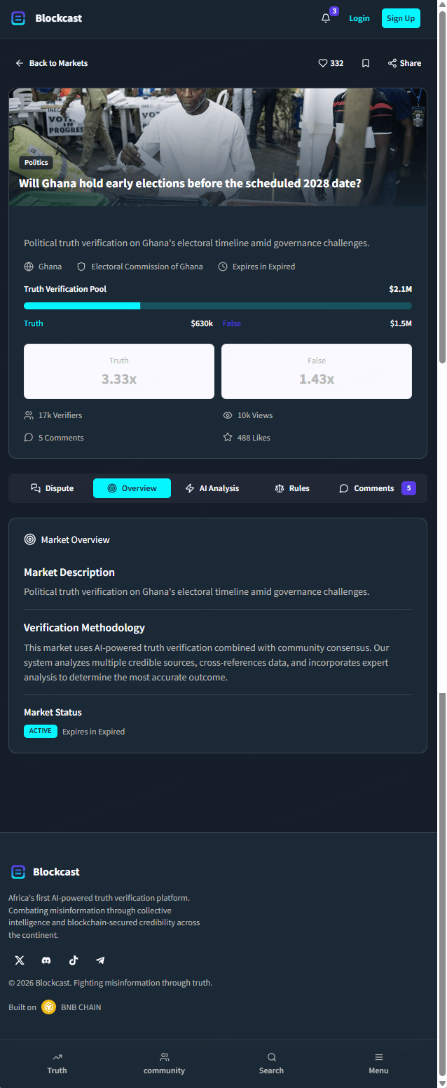 A Blockcast market - verification pool, Truth/False odds and the overview tab
