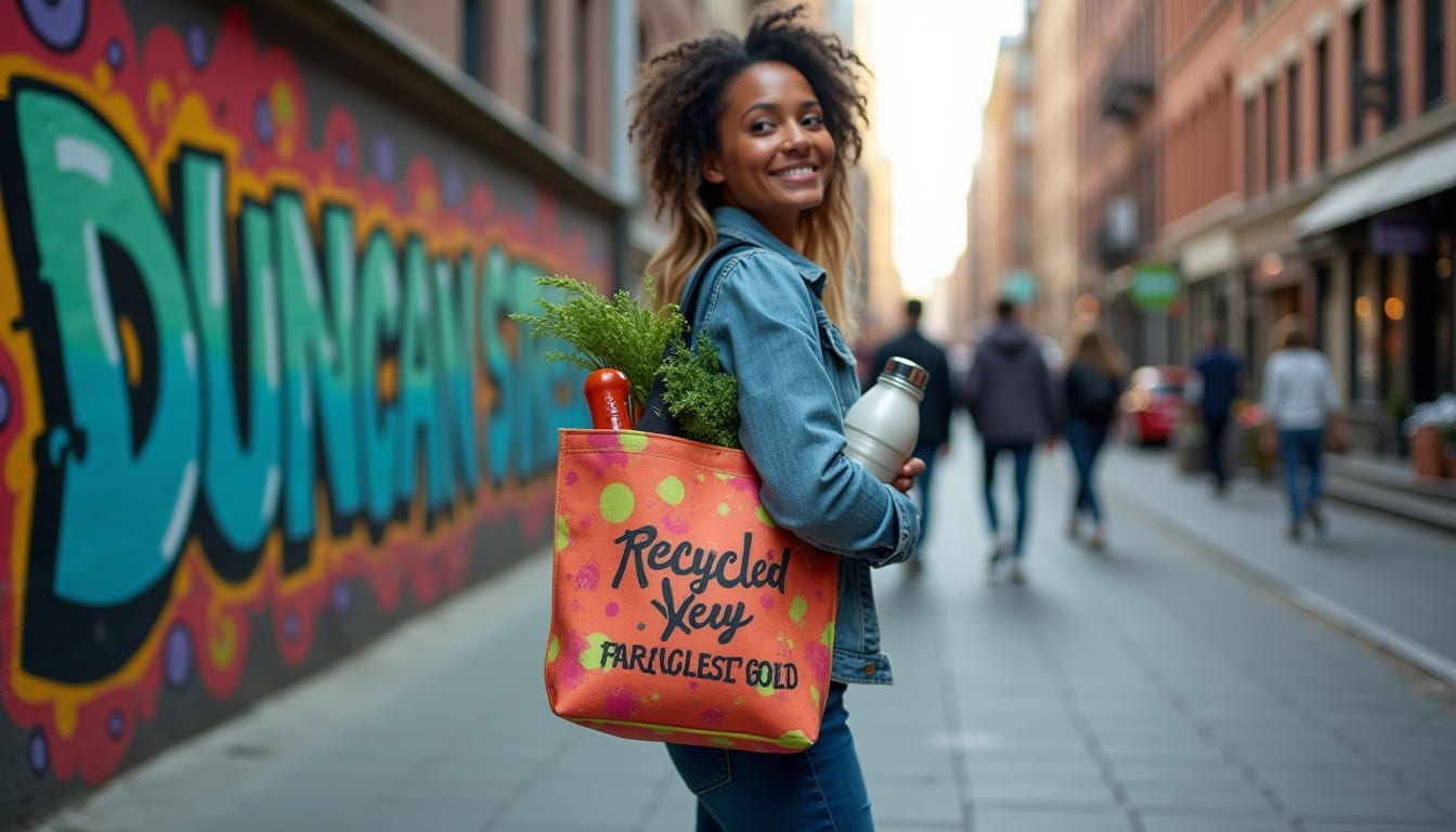 A Duncan Street tote carried on a city street