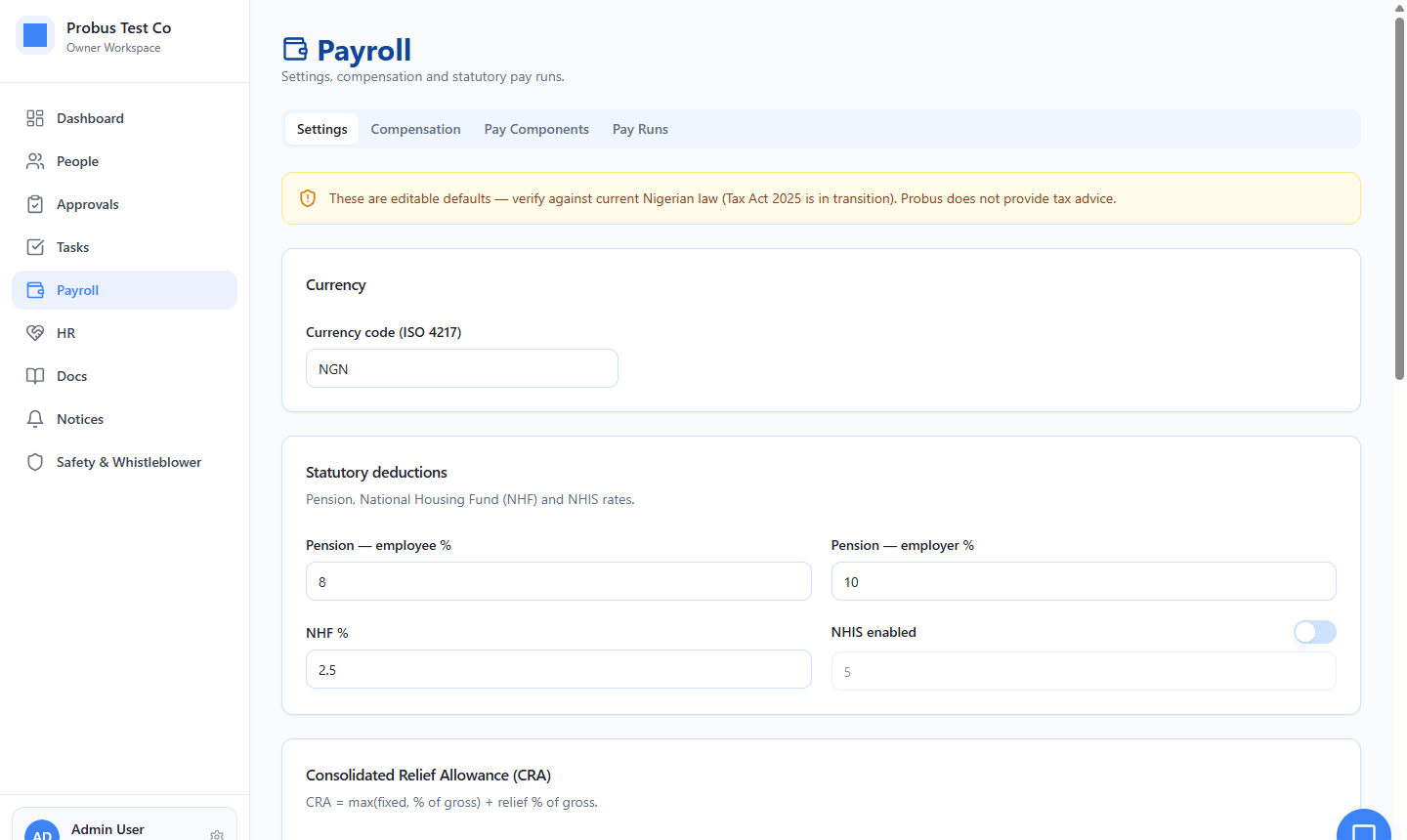 Payroll settings with editable Nigerian statutory tax engine