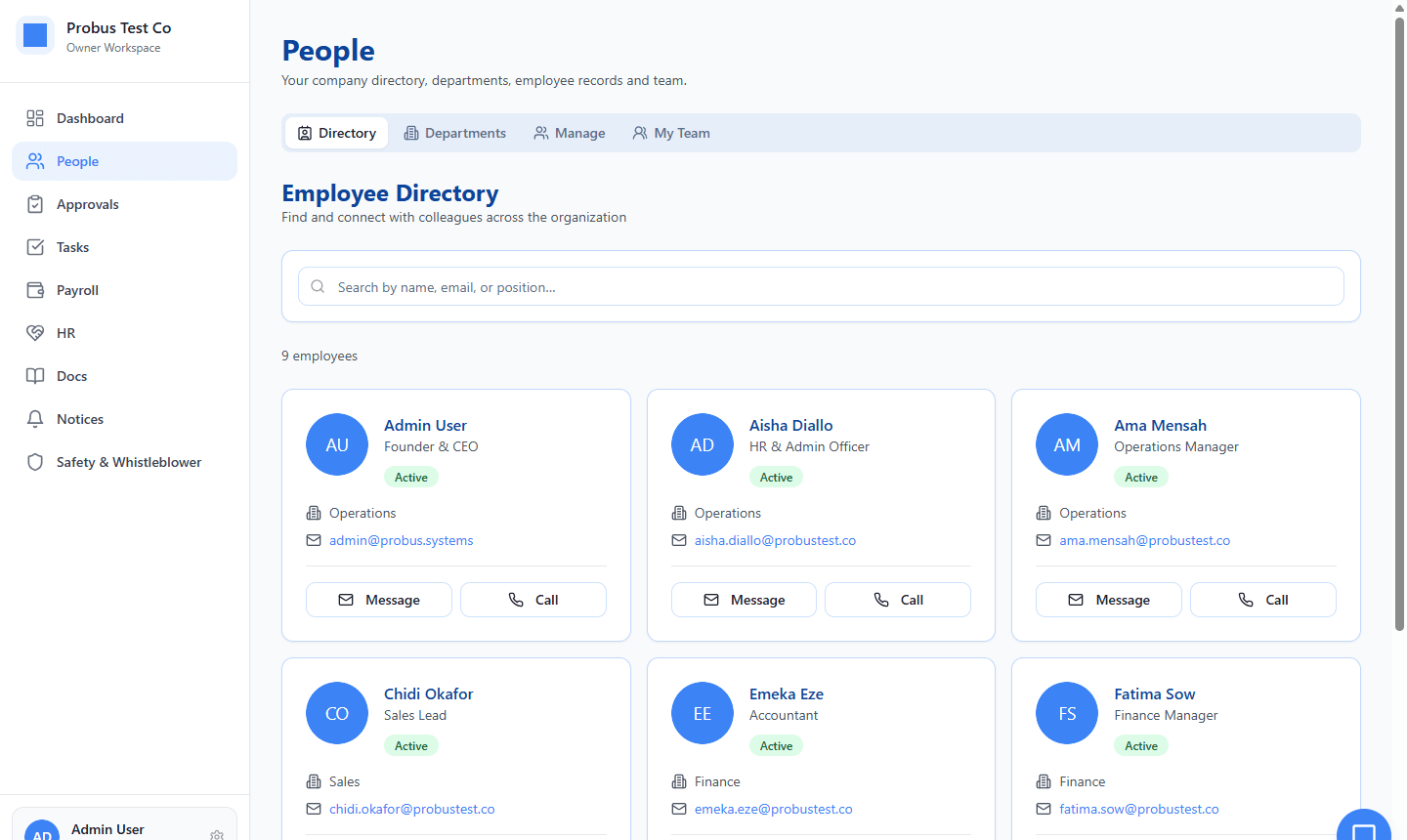 Employee directory with searchable people cards
