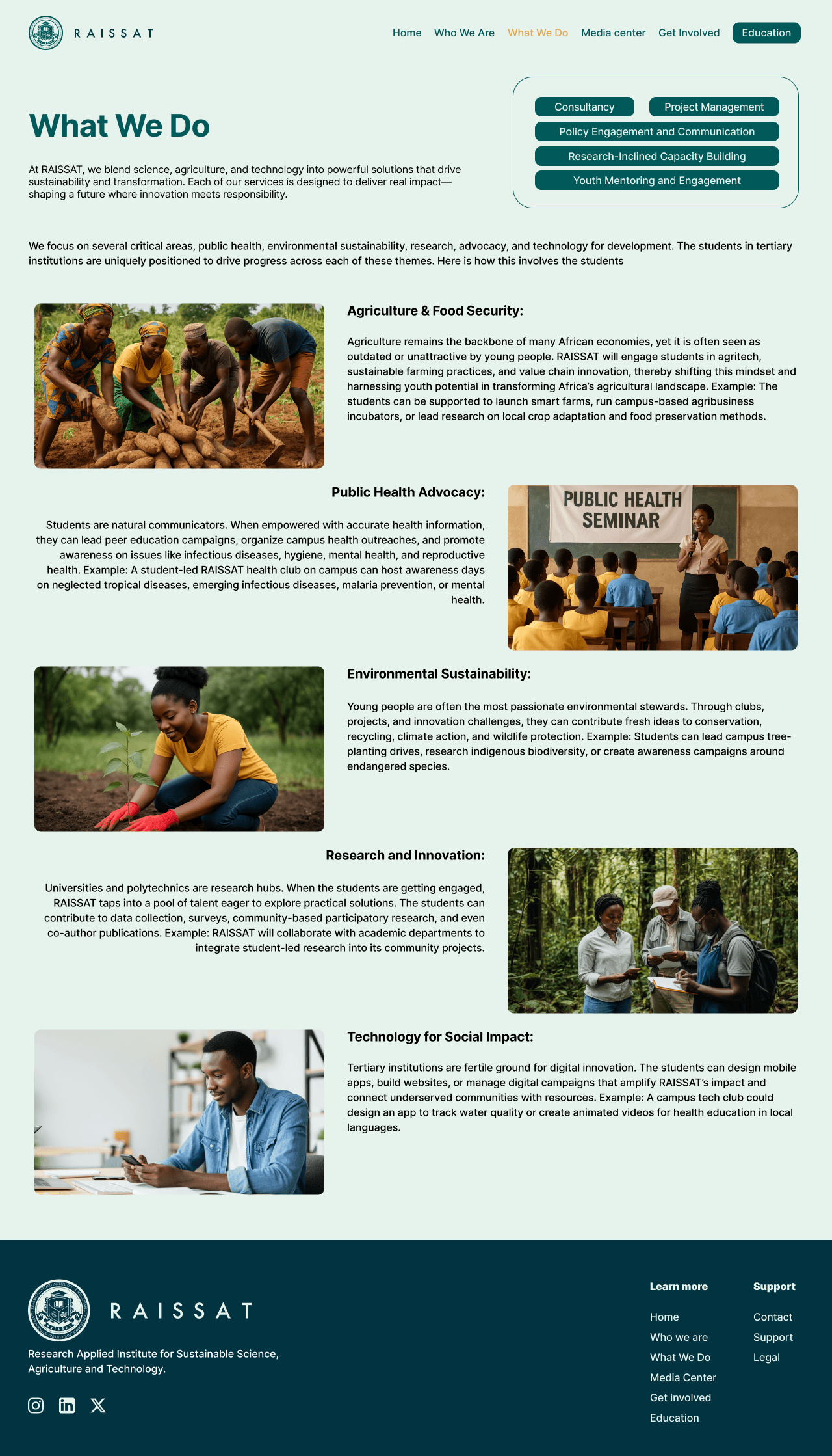 RAISSAT - What We Do, with five focus areas